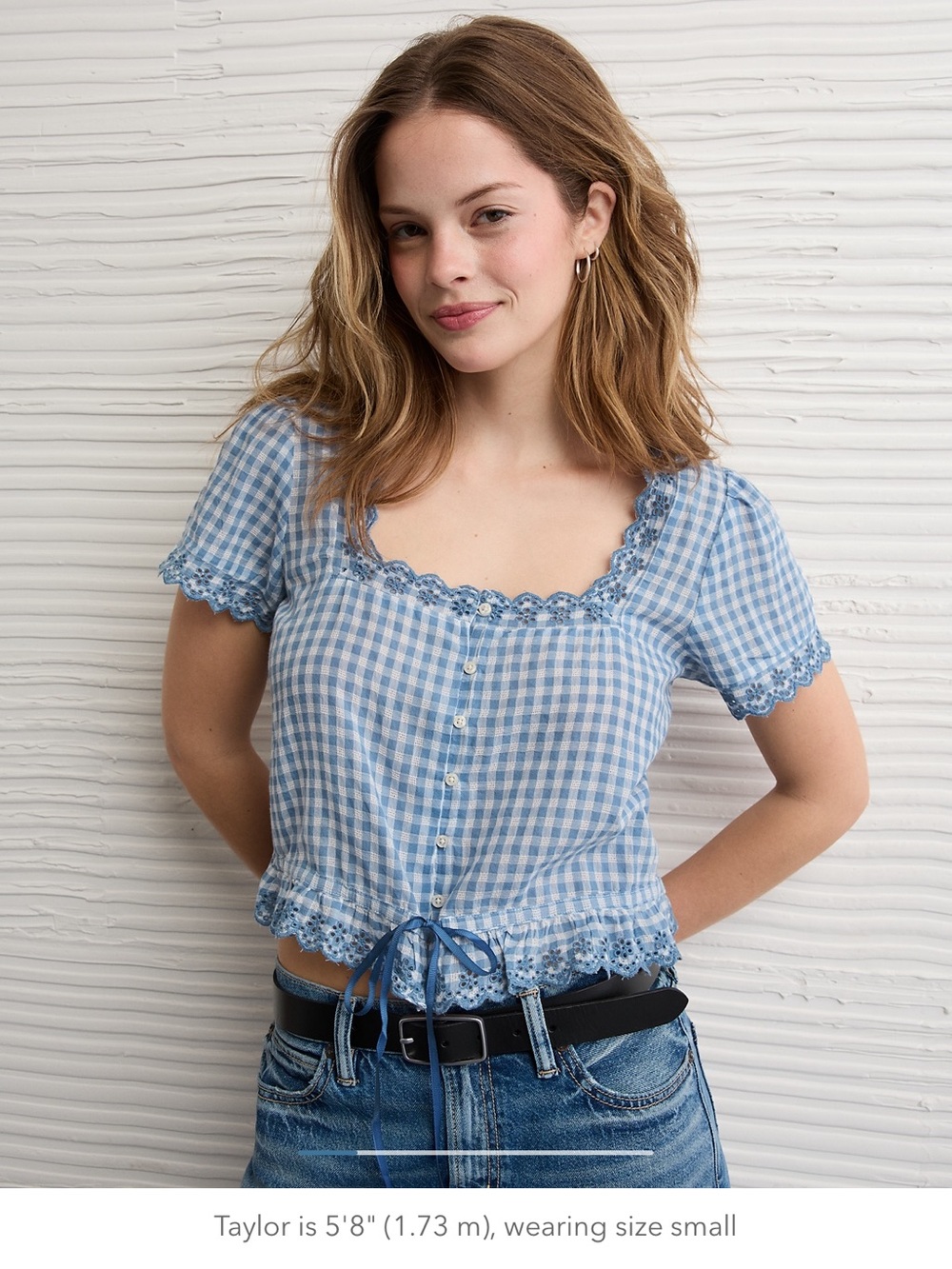 Gingham Lace-Trim Button Top
